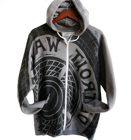 Manhole Cover Print Zip Hoodie, Detroit Tire. Black on charcoal grey. Well Done Goods