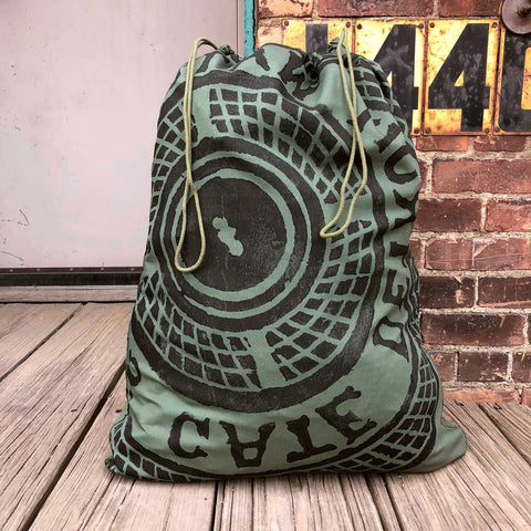 Manhole Cover Laundry Bag, Detroit Tire Print. 100% Cotton, Military Green