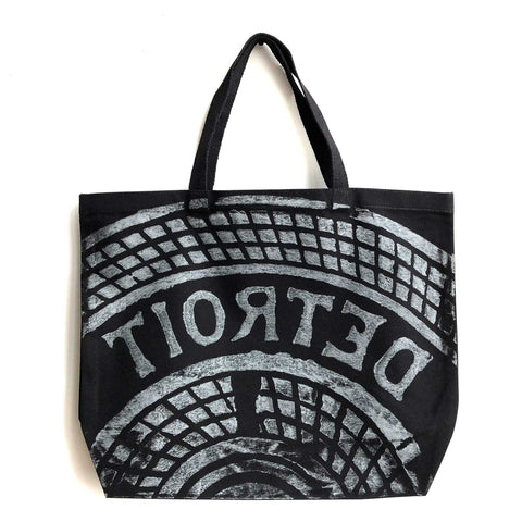 Manhole Cover Large Tote Bag, Detroit Tire Print. Heavy Cotton Canvas, Black