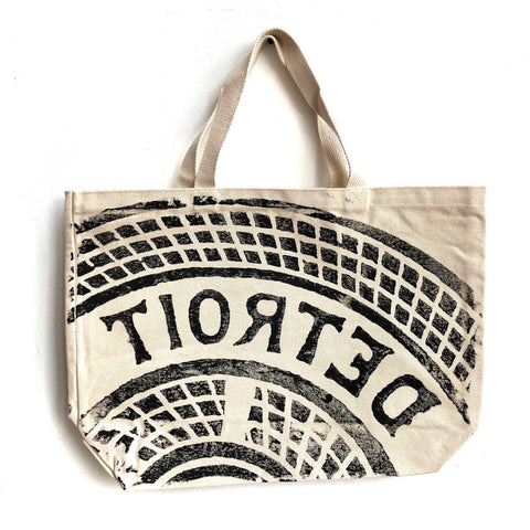 Manhole Cover Large Tote Bag, Detroit Tire Print. Natural Heavy Cotton Canvas