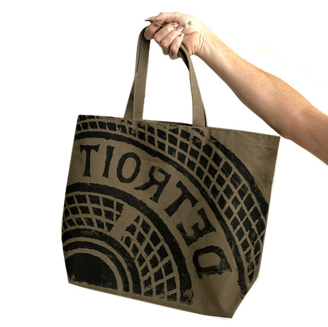 Manhole Cover Tote Bag, Detroit Tire Print. Heavy Cotton Canvas, Military Green
