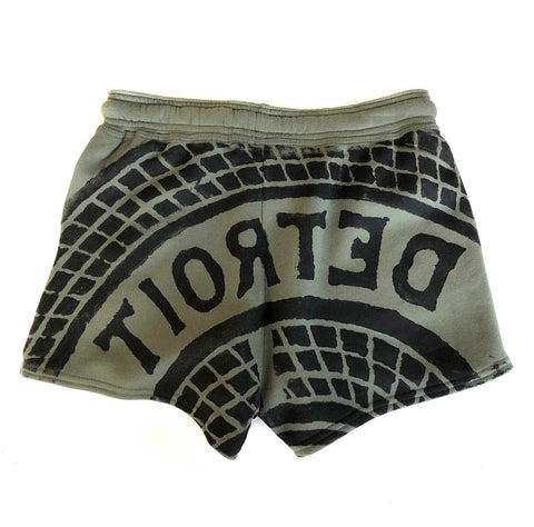 Manhole Cover Women's Fleece Shorts, Military Green - Detroit Tire Print
