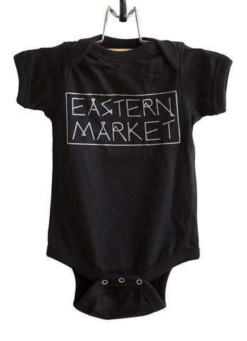 Eastern Market Silver on Black Baby Onesie, Text Print Creeper, Well Done Goods
