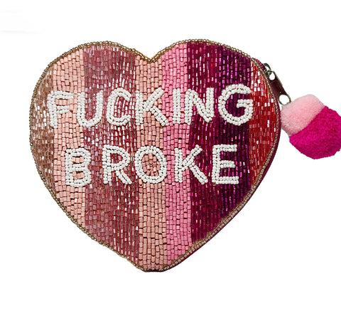 Fucking Broke Beaded Coin Purse. Pink Heart Beaded Change Purse, Zipper Pouch