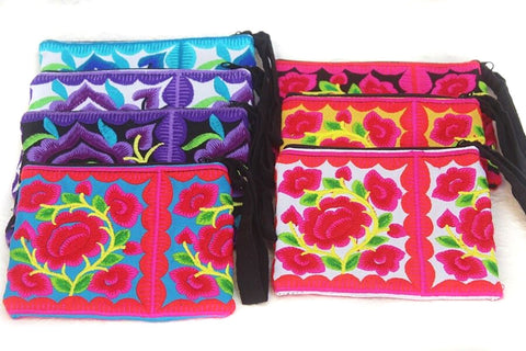 Embroidered Flower Wallet, Zipper Pouch | Handmade by Thai Hmong Hill Tribe. Assorted Colors