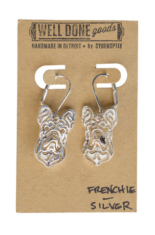 Frenchie Silver Dangle Earrings, Well Done Goods