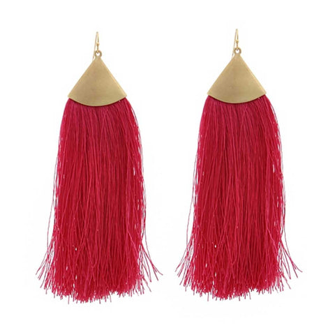 Fuchsia Tassel Earrings, Brass Triangle Accent. Well Done Goods