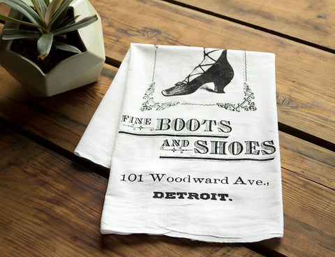 Boots & Shoes Organic Cotton Screen-printed Flour Sack Towel, Detroit RH Fyfe Co., Well Done Goods by Cyberoptix