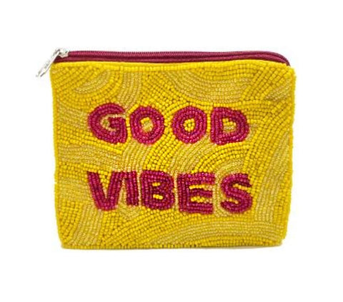 Good Vibes Beaded Coin Purse. Yellow Beaded Change Purse, Zipper Pouch