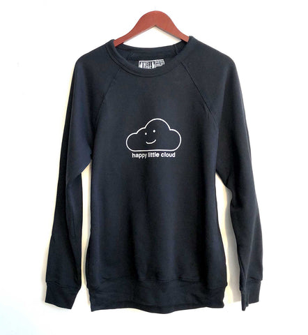 Happy Little Cloud Crew Neck Sweatshirt, white on black. Well Done Goods