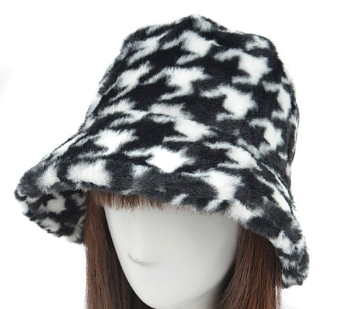 Houndstooth Fuzzy Bucket Hat, Faux Fur - black & white all over print