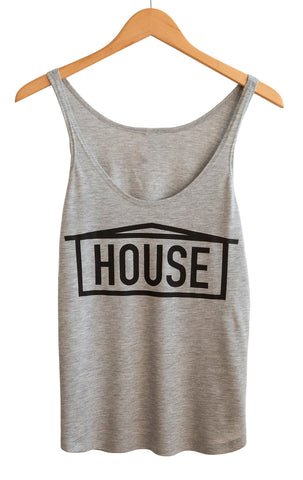 HOUSE Text Print Black on Athletic Heather Women's Tank Top, Well Done Goods