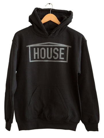 HOUSE Text Print Black Pearl on Black Unisex Pullover Hoodie, Well Done Goods