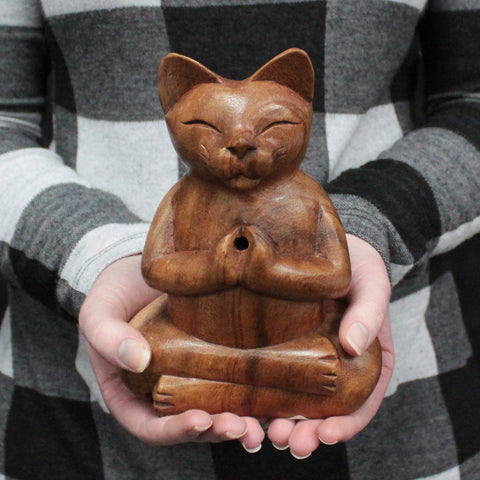 Wooden Yoga Cat Cone Incense Burners, Sustainable Hand-Carved Suar wood, Indonesia