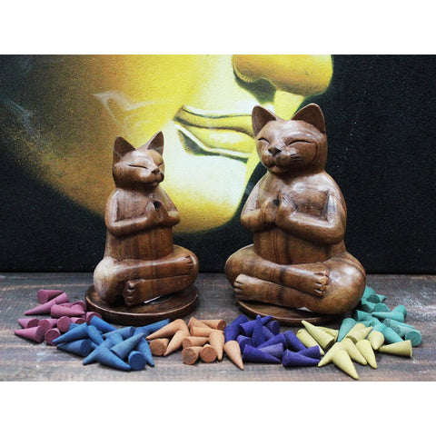 Wooden Yoga Cat Cone Incense Burners, Sustainable Hand-Carved Suar wood, Indonesia