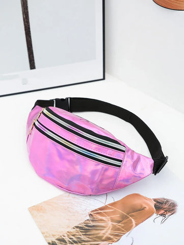 Iridescent Metallic Vinyl Fanny Pack, Waist Bag: Black, Pink, Silver