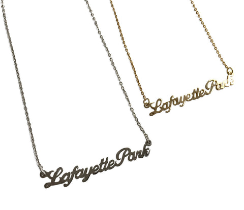 Lafayette Park Script Necklace, Detroit Neighborhood Pendant, Well Done Goods