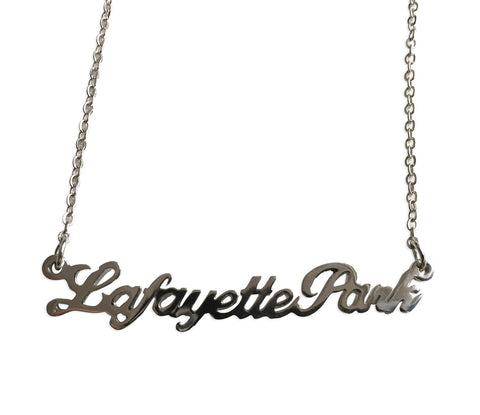 Lafayette Park Silver Script Necklace, Detroit Neighborhood Pendant, Well Done Goods