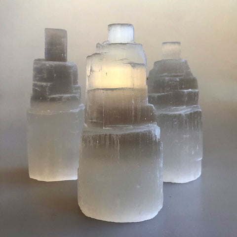 Large Hand-Carved Selenite Skyscraper Towers