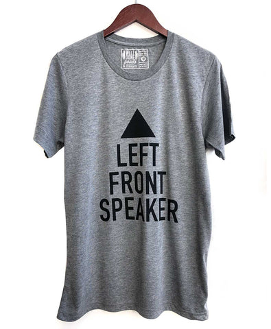 Left Front Speaker T-Shirt, deep heather grey. Well Done Goods
