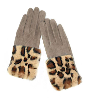 Leopard Print Faux Fur Trim Gloves