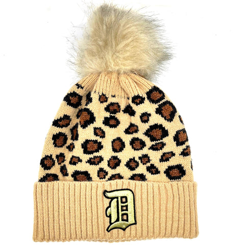 Leopard Print Detroit Old English D Patch Beanie, w/ PomPom