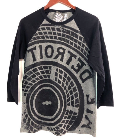 Manhole Cover Raglan Baseball Shirt, Detroit Tire Print, Black/Grey