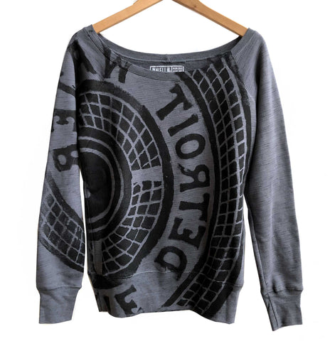 Manhole Cover Sweatshirt. Women's Wide Neck Gray Pullover, Detroit Tire Print