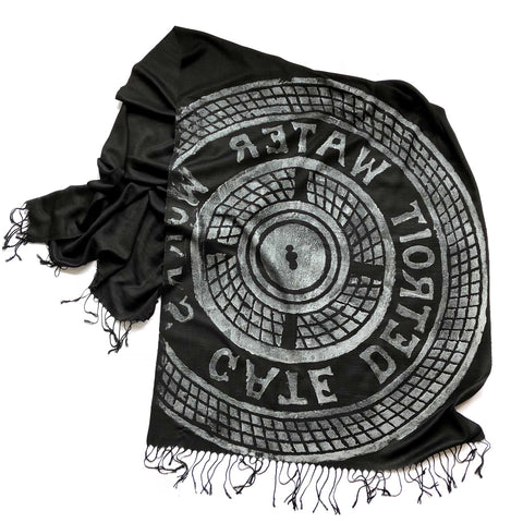 Manhole Cover Bamboo Scarf, Black. Detroit Tire Print Pashmina by Cyberoptix