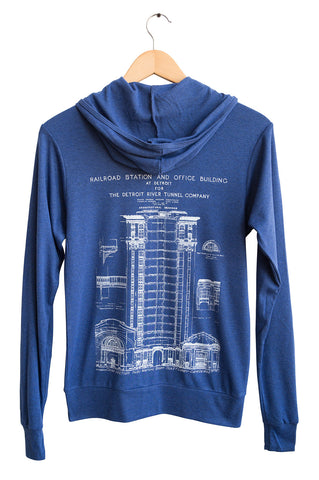 MCS Detroit Train Station Blueprint Zip Hoodie. Back Print. Navy Blue Lightweight Triblend Jersey