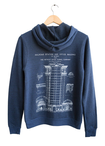 MCS Detroit Train Station Blueprint Zip Hoodie: Back Print. Unisex, Vintage Style
