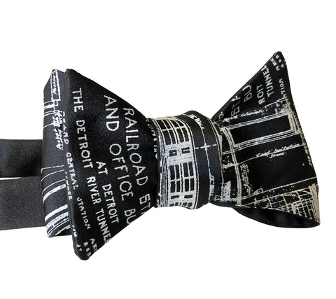 MCS Train Station Blueprint Tie, Platinum on Black Bow Tie, Well Done Goods