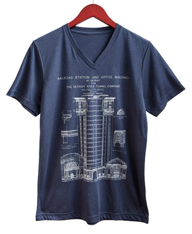 MCS Detroit Train Station Blueprint White on Navy V-Neck T-Shirt, Well Done Goods