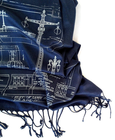 Blueprint Scarf: Ironwork Detail, Detroit Train Station. Navy blue. Well Done Goods by Cyberoptix