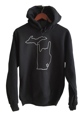 Metal Mitten Unisex Pullover Hoodie, pale grey on black. Well Done Goods by Cyberoptix
