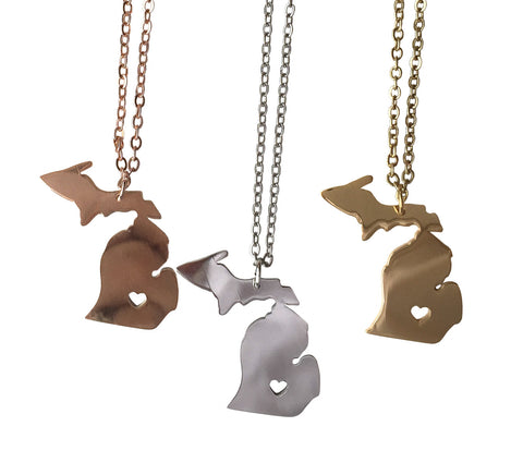 Michigan Necklace, State & Heart Capital Pendant. Rose gold, gold, silver. Well Done Goods