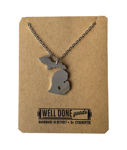 Silver Michigan Necklace, State & Heart Capital Pendant, Well Done Goods