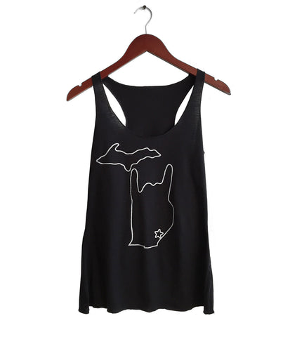 Metal Mitten Women's Tank Top, silver on black. Well Done Goods