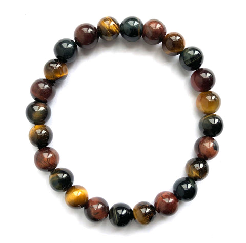 Triple Tiger's Eye Stone Bead Mala Bracelet: Red, Hawk-Eye & Golden Mix