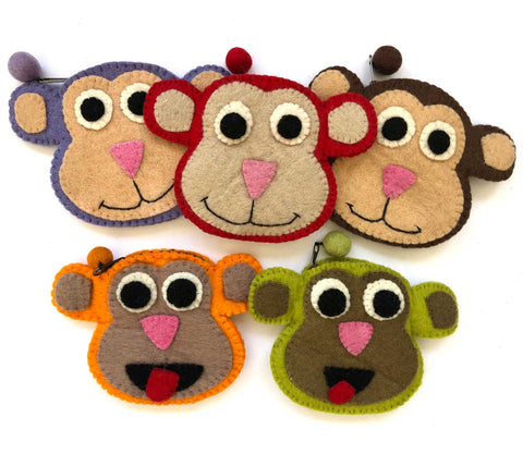 Monkey Face Wool Felt Zipper Pouches - Fair Trade Craft from Nepal
