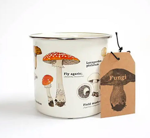 Mushrooms Enamel Mug. Natural History Print Metal Coffee Cup