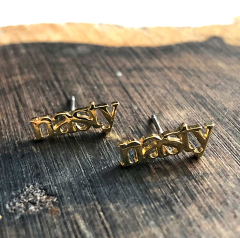 Tiny "Nasty" Stud Earrings, Gold