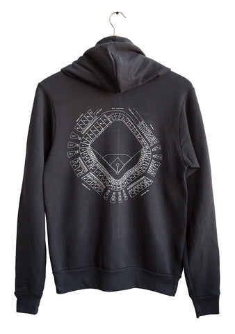Old Tiger Stadium Blueprint White on Dark Grey Zip Hoodie. Unisex, Vintage Style, Well Done Goods