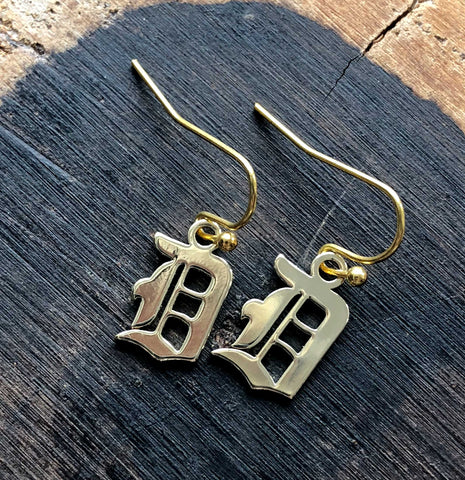 Old English D, Detroit Dangle Earrings - gold