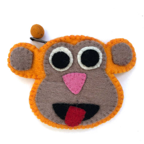 Orange Monkey Face Wool Felt Zipper Pouch - Fair Trade Craft from Nepal