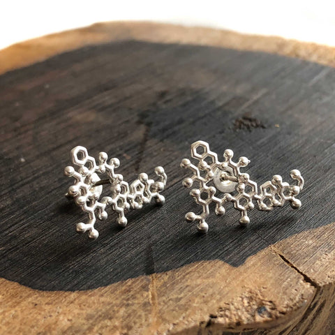 Tiny Matte Oxytocin Molecule Earrings, Brushed Silver