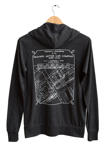 Packard Plant Engineering Blueprint Zip Hoodie. Lightweight Triblend Jersey, Well Done Goods