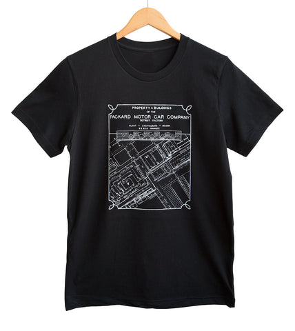 Packard Plant Engineering Blueprint White on Black T-Shirt, Well Done Goods