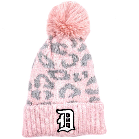 Pink Leopard Print Detroit Old English D Patch Beanie, w/ PomPom