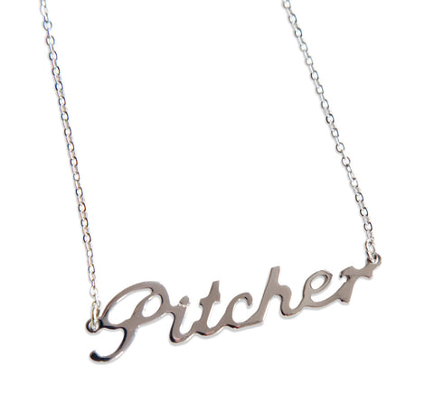 Pitcher Script Necklace, Silver. Baseball Theme Pendant. Well Done Goods